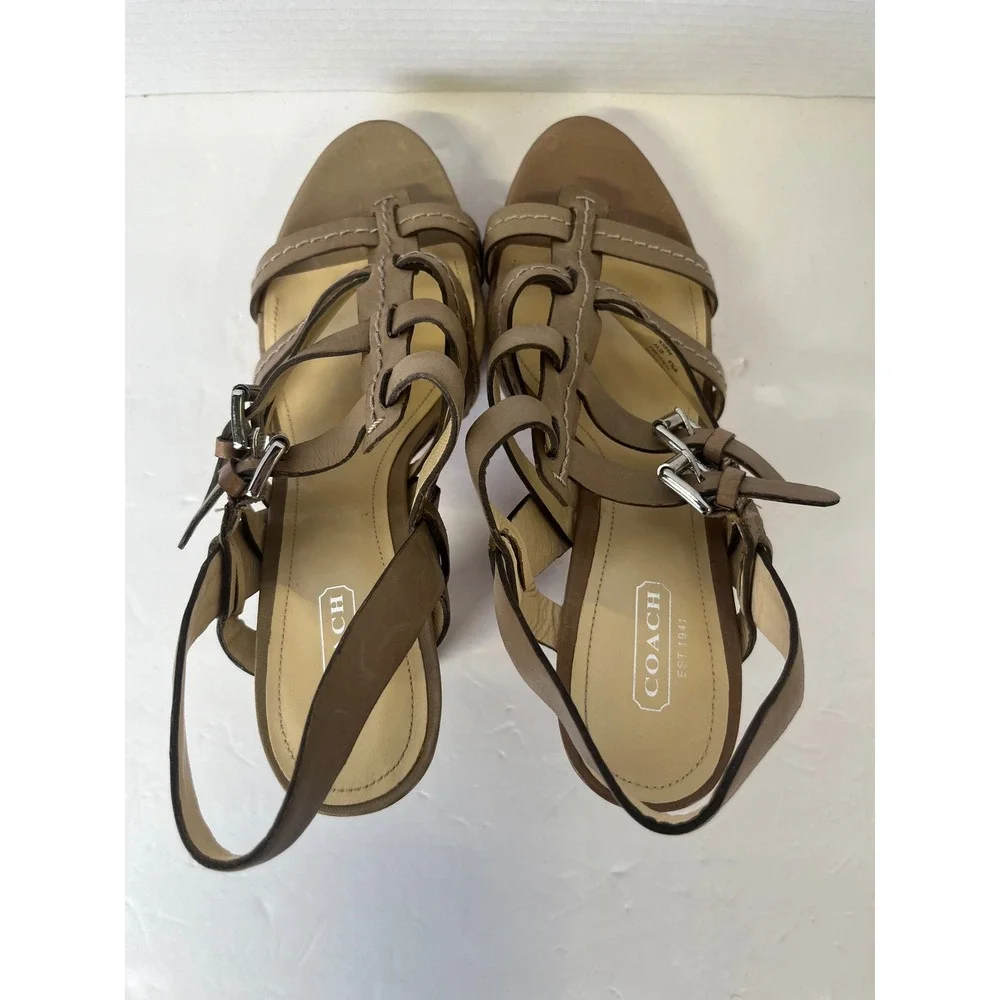 Coach Alie A0384 Taupe Brown Leather Strappy Platform‎ Block Heel Sandals 9.5B